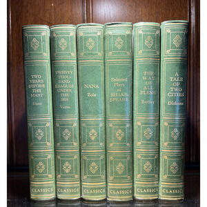 Vintage Lot 6 Illustrated World Famous Classics Green Hardcover 1946 Shelf Set